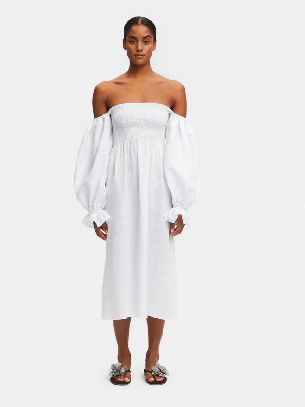 Sleeper 100% Linen size XS women’s Off-Shoulder White Dress with Balloon Sleeves